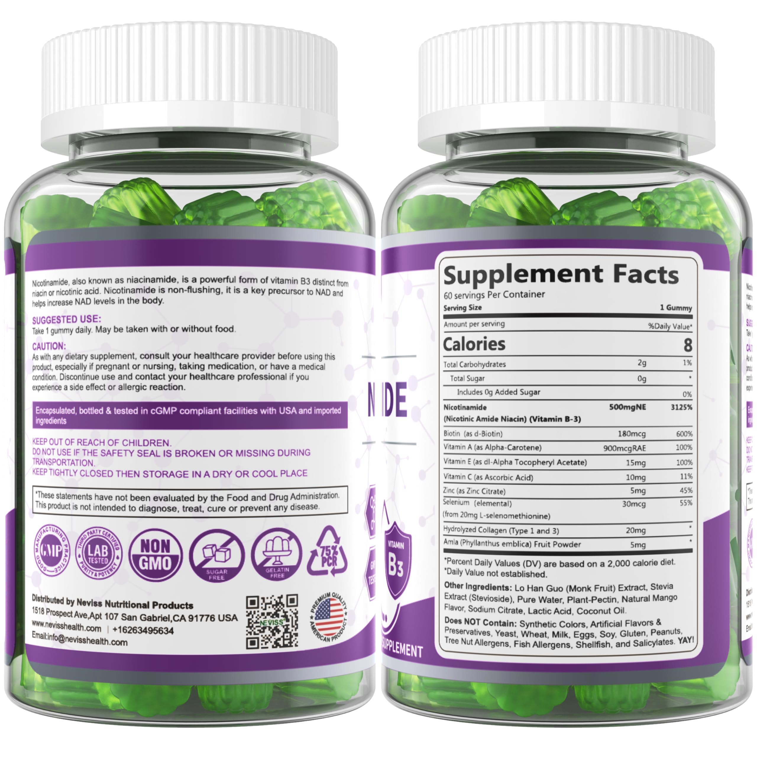 NEVISS gummies in travel case, on-the-go vitamin B3 support.