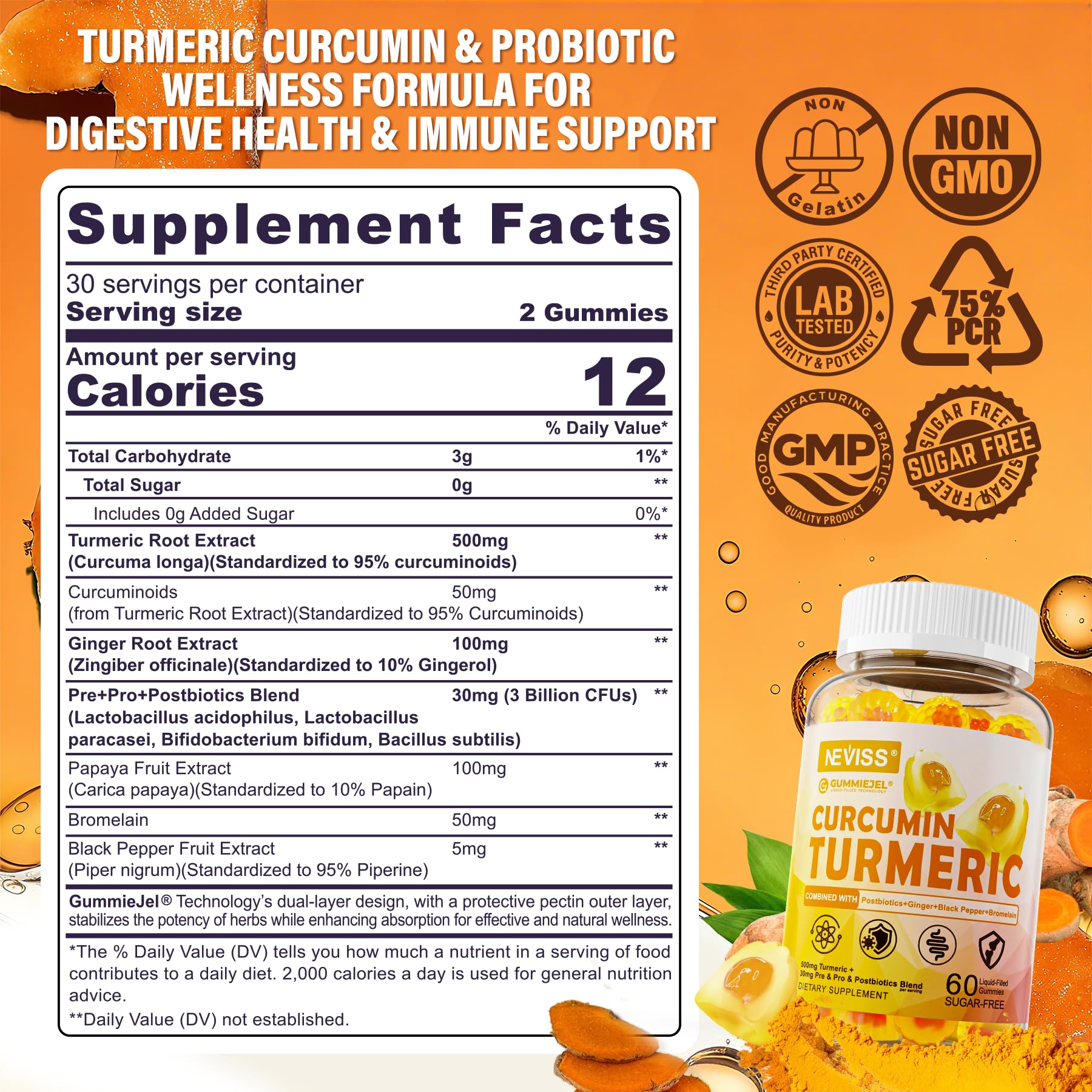 Neviss sugar-free turmeric gummies packaging back details ingredients and usage
