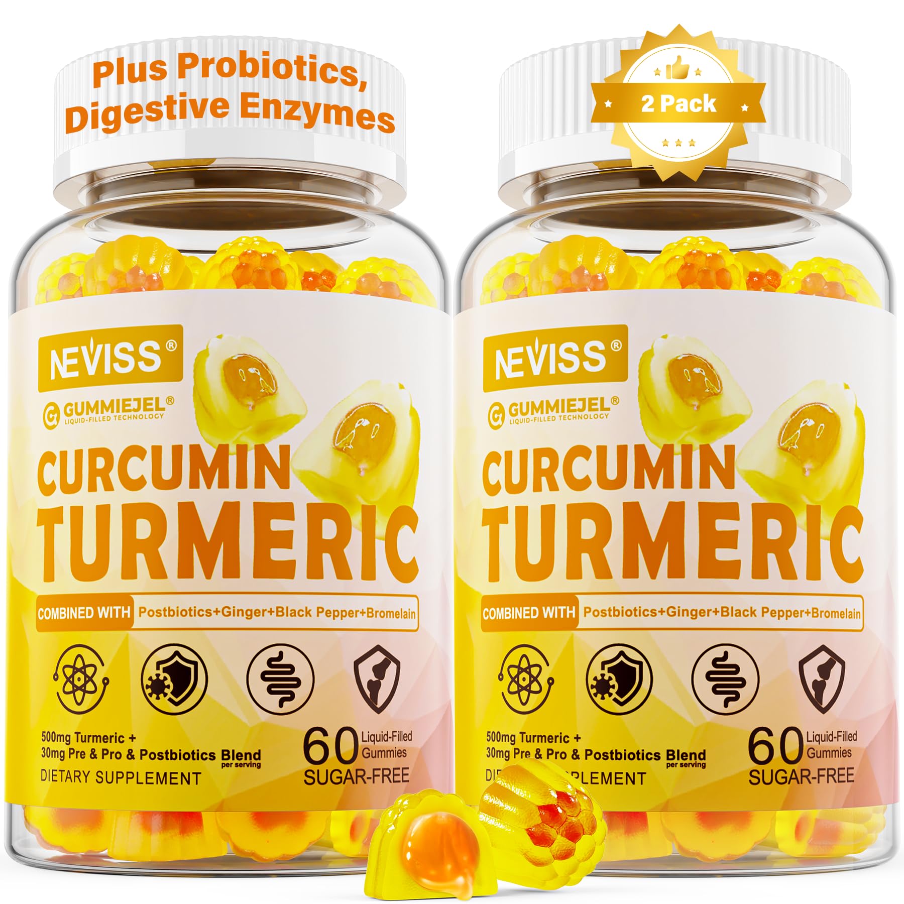 Neviss sugar-free turmeric curcumin gummies packaging front highlighting vegan formula