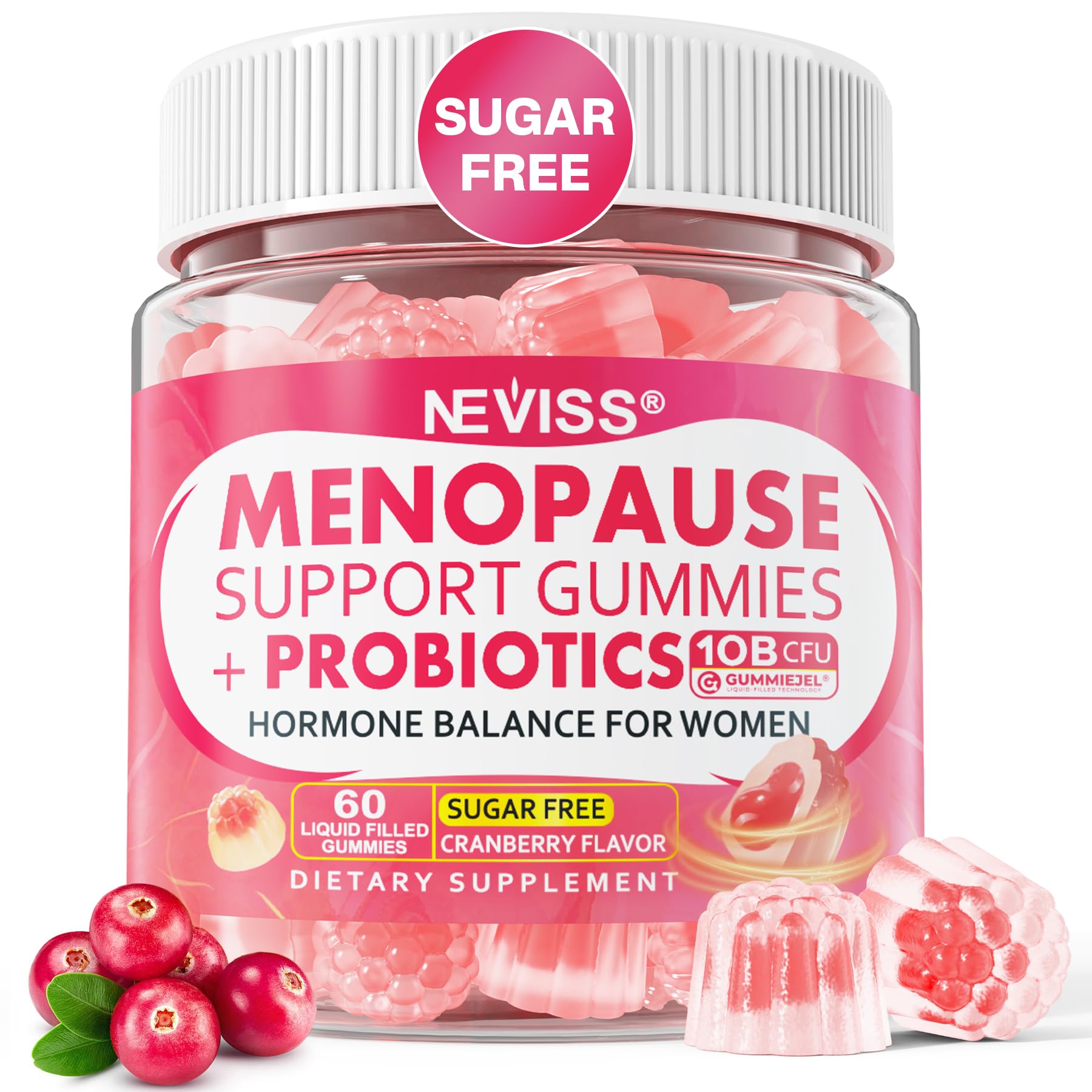NEVISS Sugar Free Menopause Gummies bottle hero supports daily wellness with convenient, flavorful menopause care.