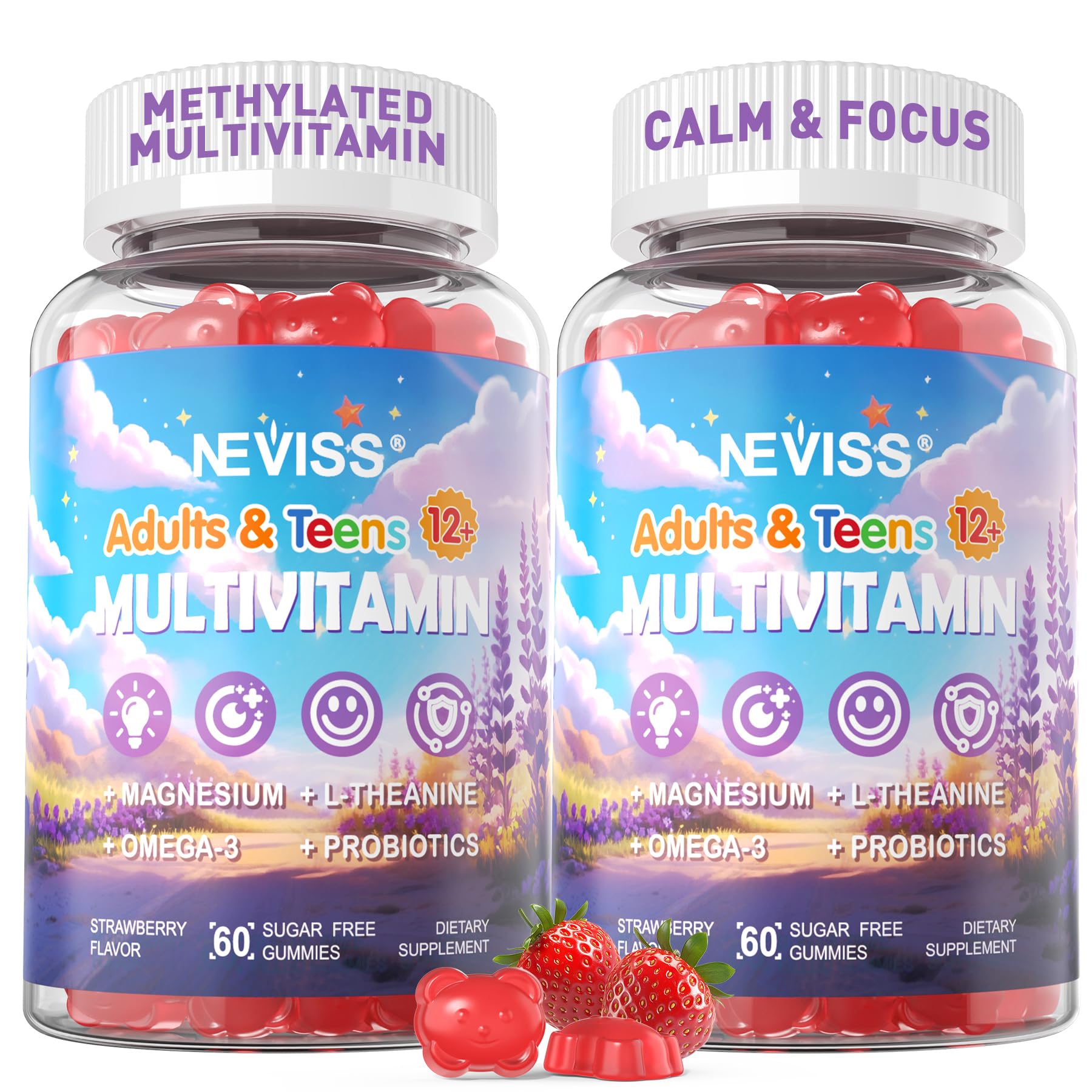 NEVISS teen vitamins bottle displaying 23-in-1 gummies for balanced teen health.