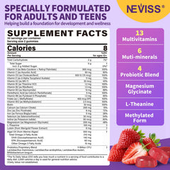 NEVISS teen vitamins gummies closeup highlighting strawberry flavor and sugar-free formula.