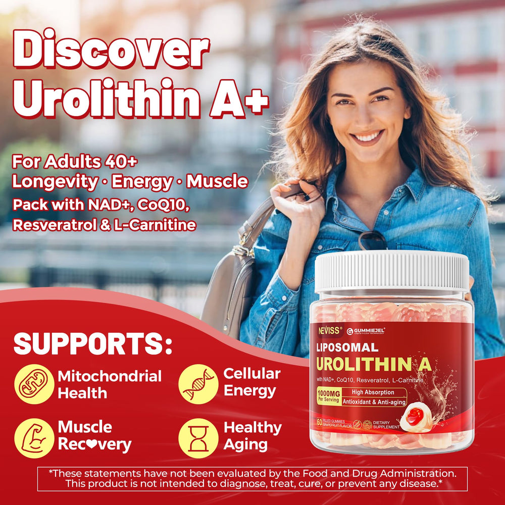 NEVISS Urolithin A gummies ingredients showcasing NAD+ CoQ10 and resveratrol synergy
