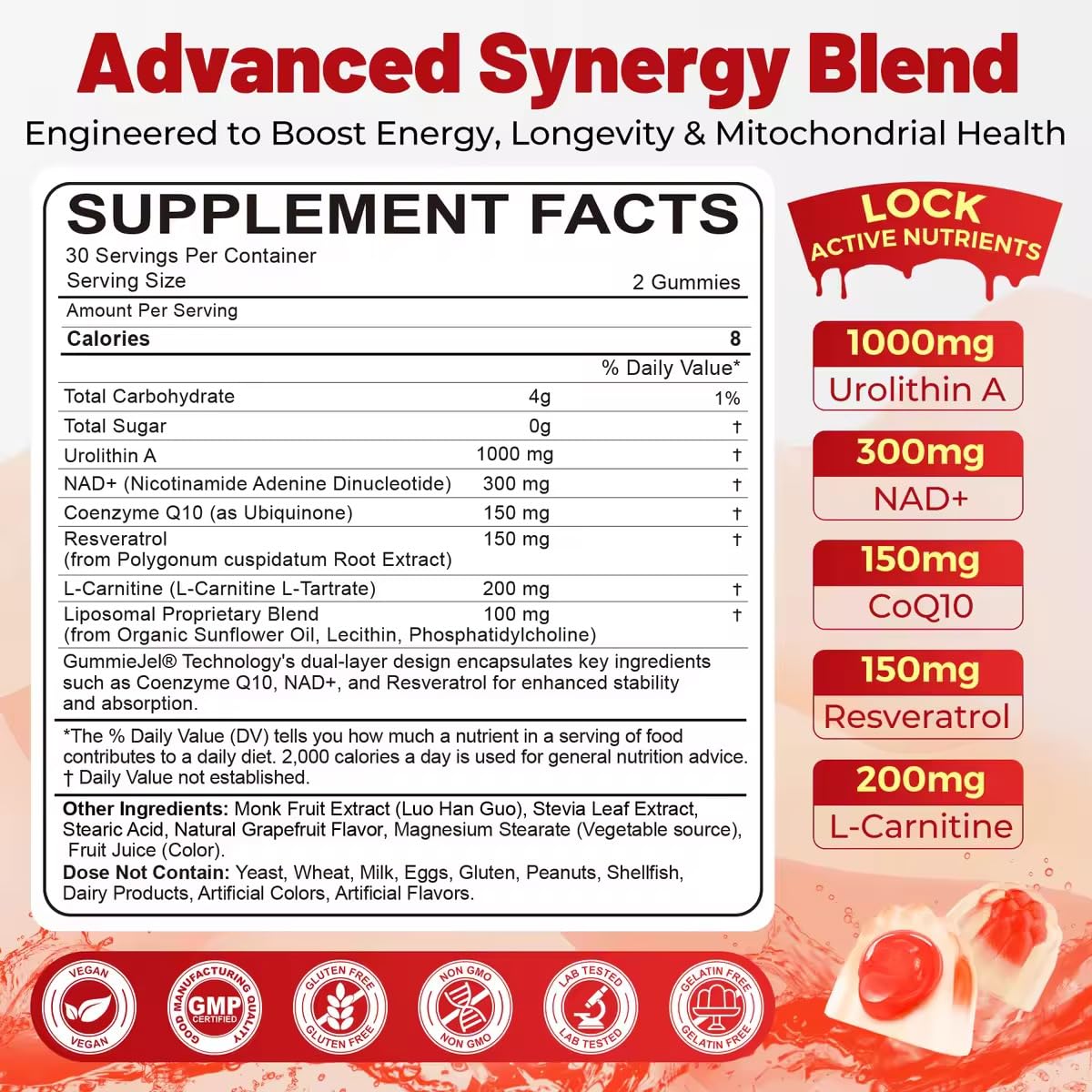 NEVISS Urolithin A gummies label closeup highlighting vegan formula