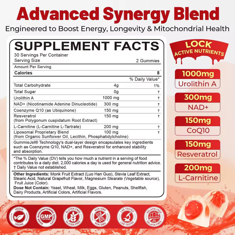 NEVISS Urolithin A gummies label closeup highlighting vegan formula