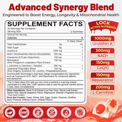 NEVISS Urolithin A gummies label closeup highlighting vegan formula
