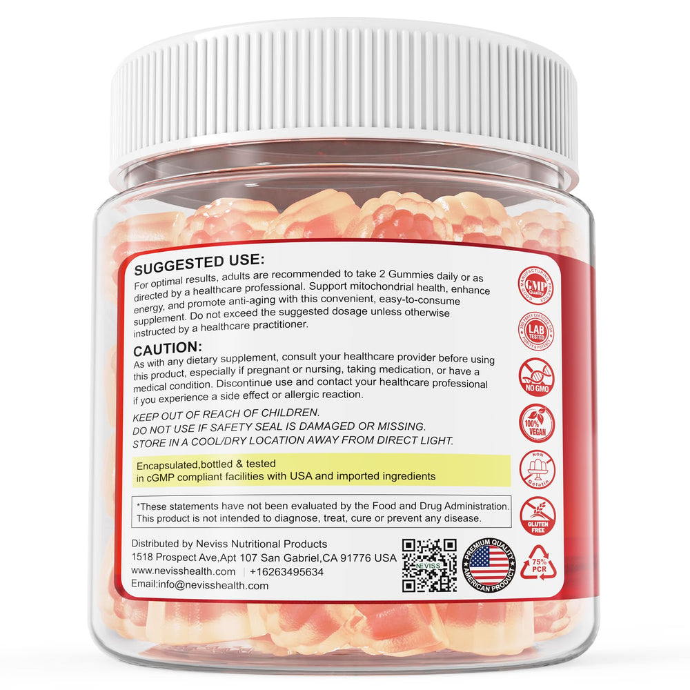 NEVISS Urolithin A gummies packaging with nutrition notes highlights science-backed formula