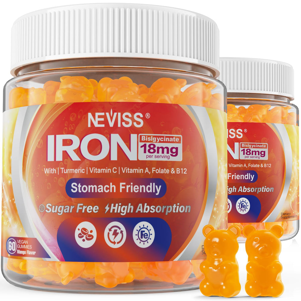 NEVISS Vegan Iron Gummies bottle front, a convenient daily supplement for vitality.