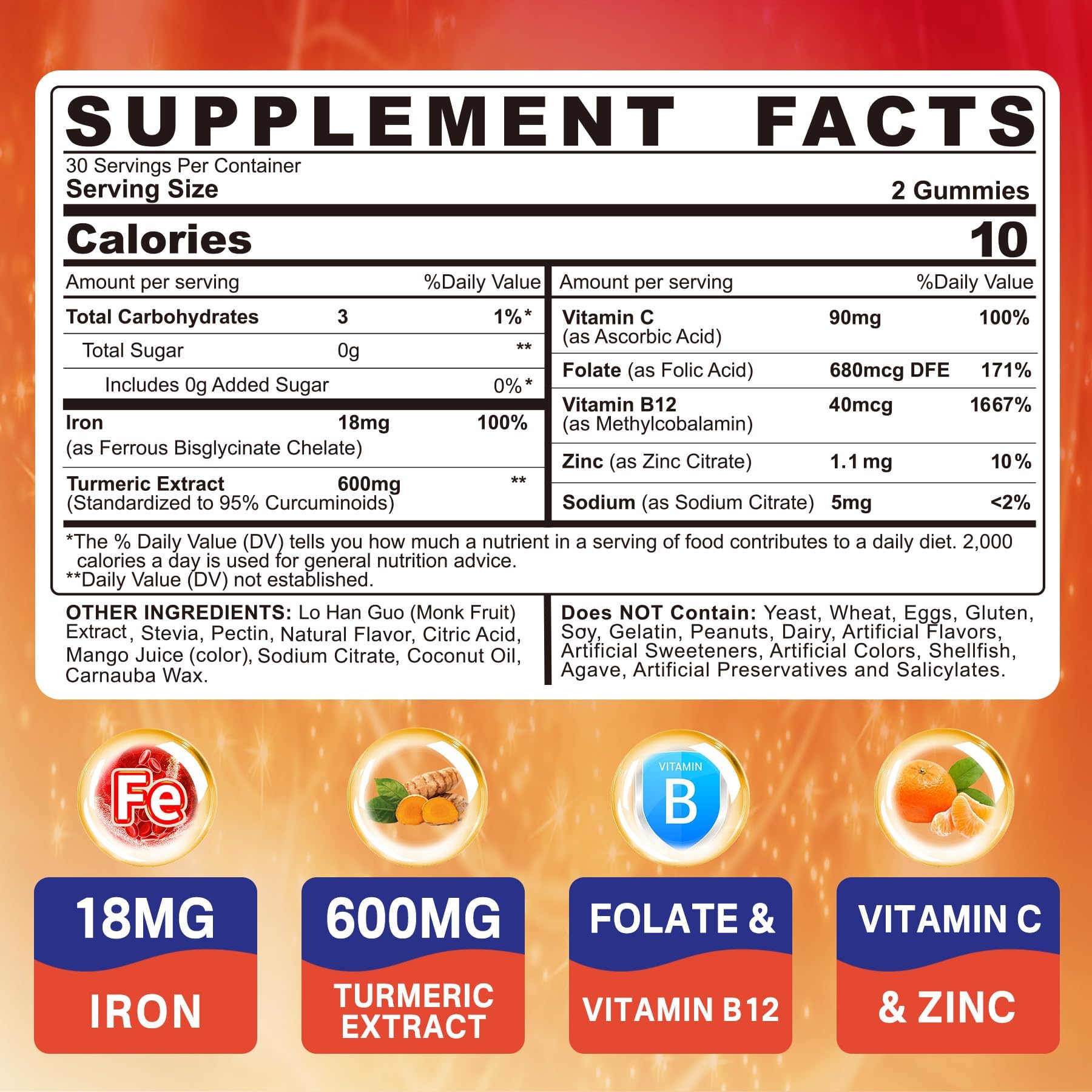 NEVISS Vegan Iron Gummies bottle label highlights mango flavor and sugar-free formula.