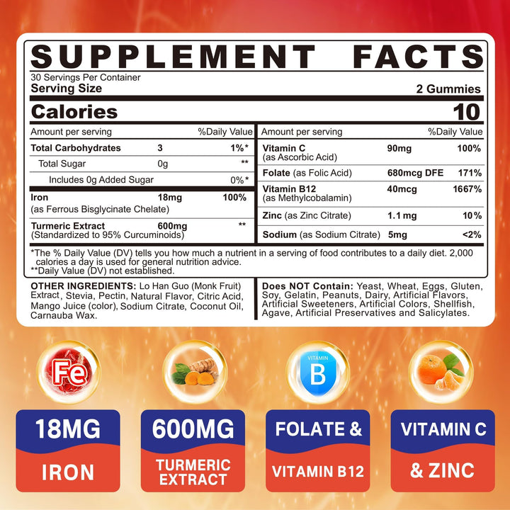 NEVISS Vegan Iron Gummies bottle label highlights mango flavor and sugar-free formula.