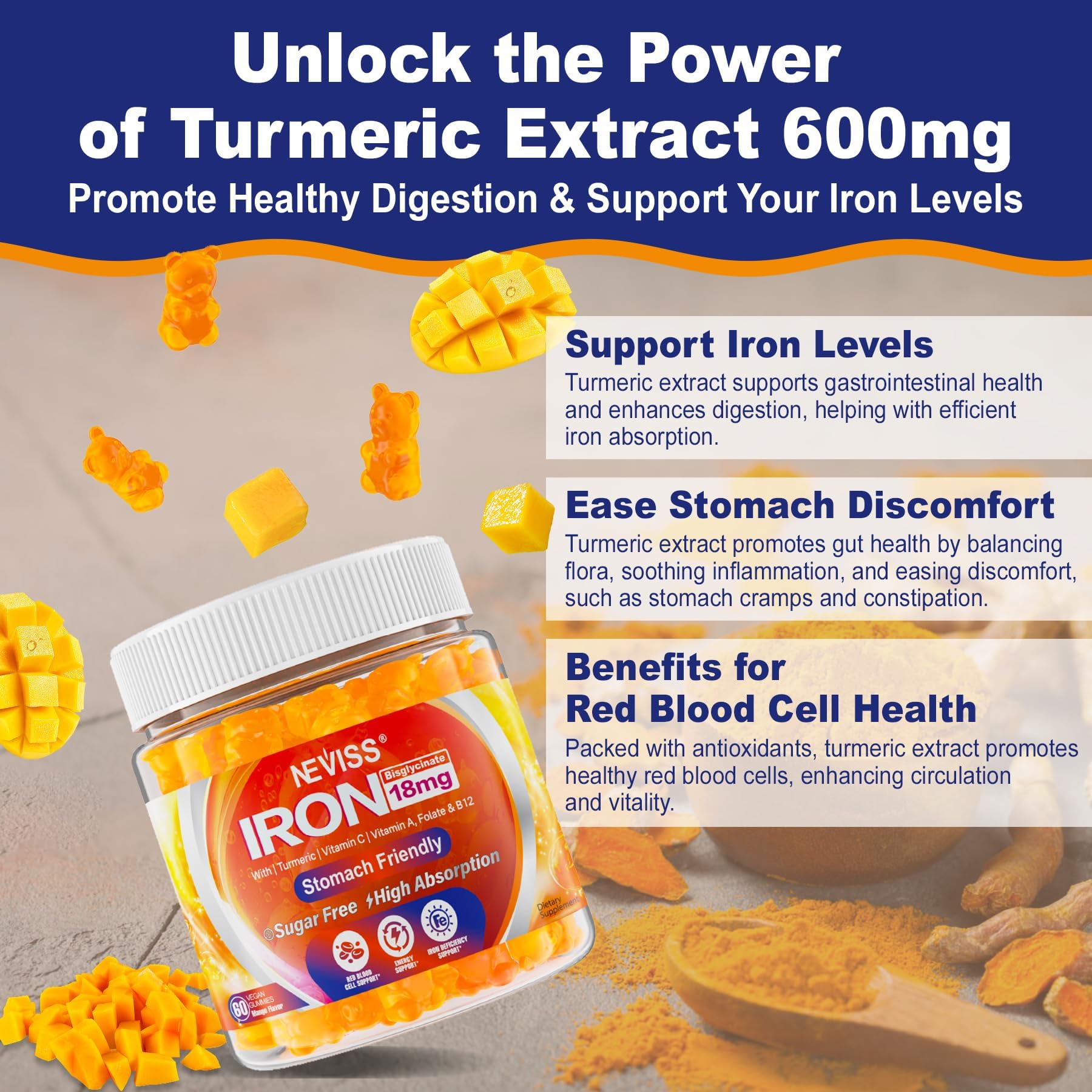 NEVISS Vegan Iron Gummies closeup shows gummies with a glossy mango look.