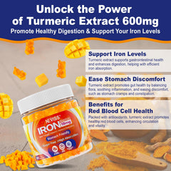 NEVISS Vegan Iron Gummies closeup shows gummies with a glossy mango look.