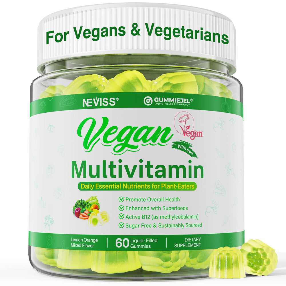 NEVISS vegan multivitamin bottle for daily wellness and energy support.