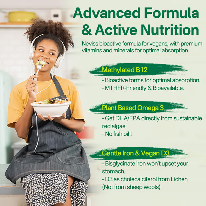 NEVISS vegan multivitamin packaging label displaying clean plant-based nutrients.