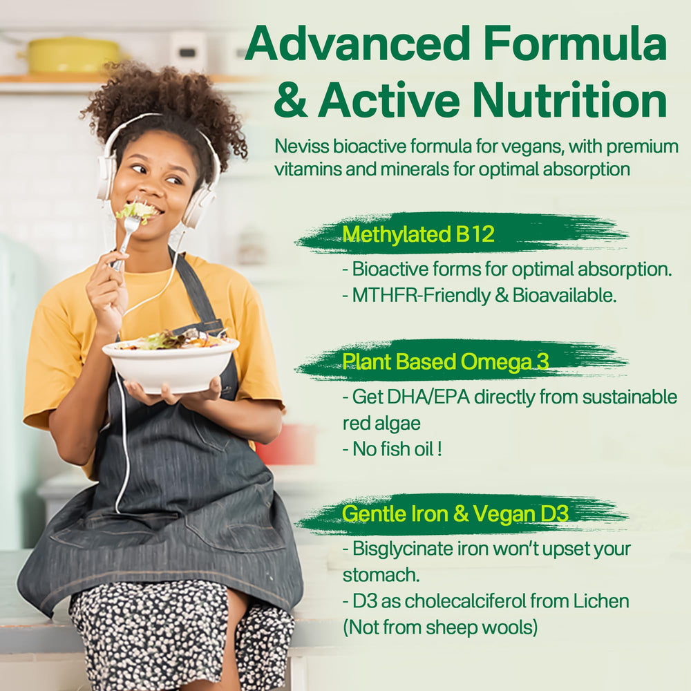 NEVISS vegan multivitamin packaging label displaying clean plant-based nutrients.