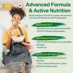 NEVISS vegan multivitamin packaging label displaying clean plant-based nutrients.