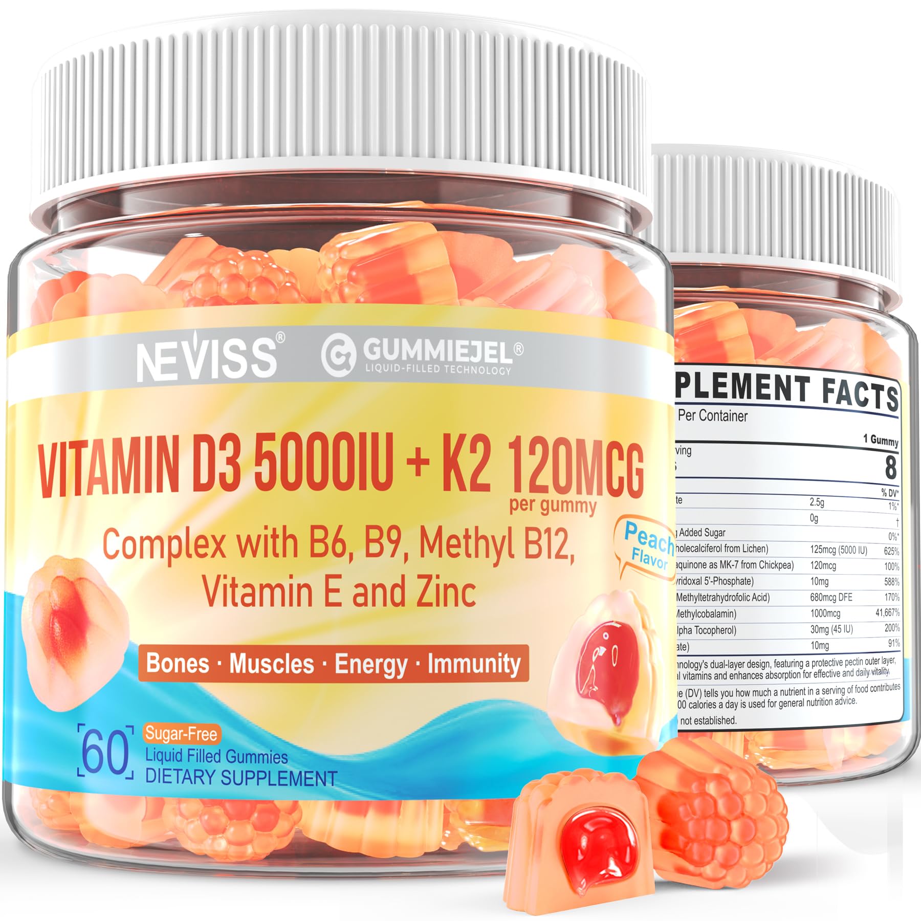 NEVISS Vitamin D3K2 gummies bottle front highlights peach flavor and vegan ingredients.