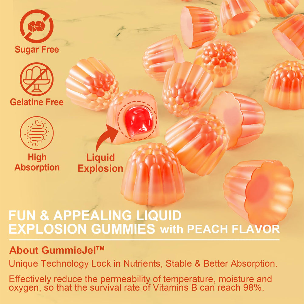 Serving suggestion with peach gummy beside bottle for daily routine with NEVISS.