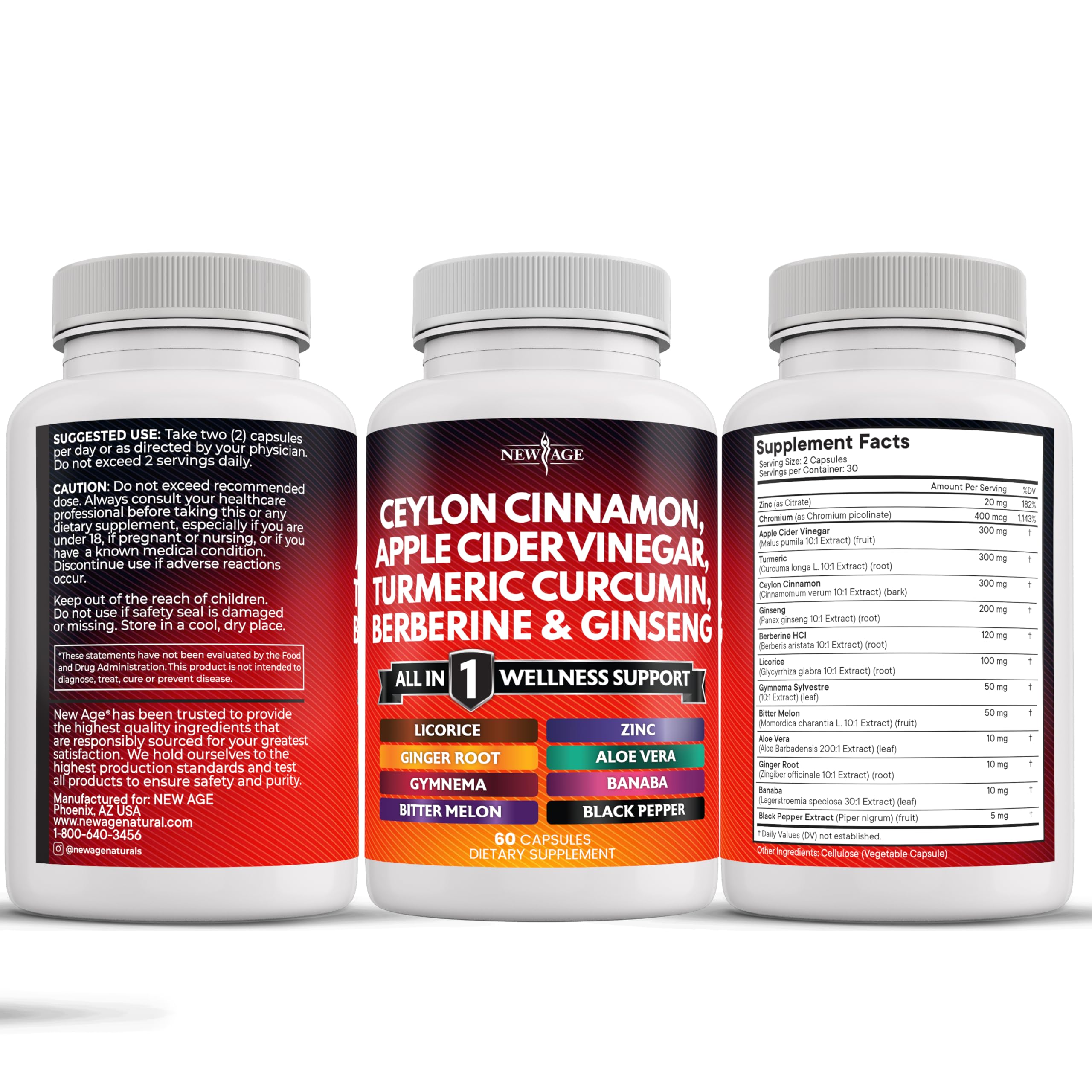NEW AGE all-in-1 cinnamon supplement bottle on shelf.