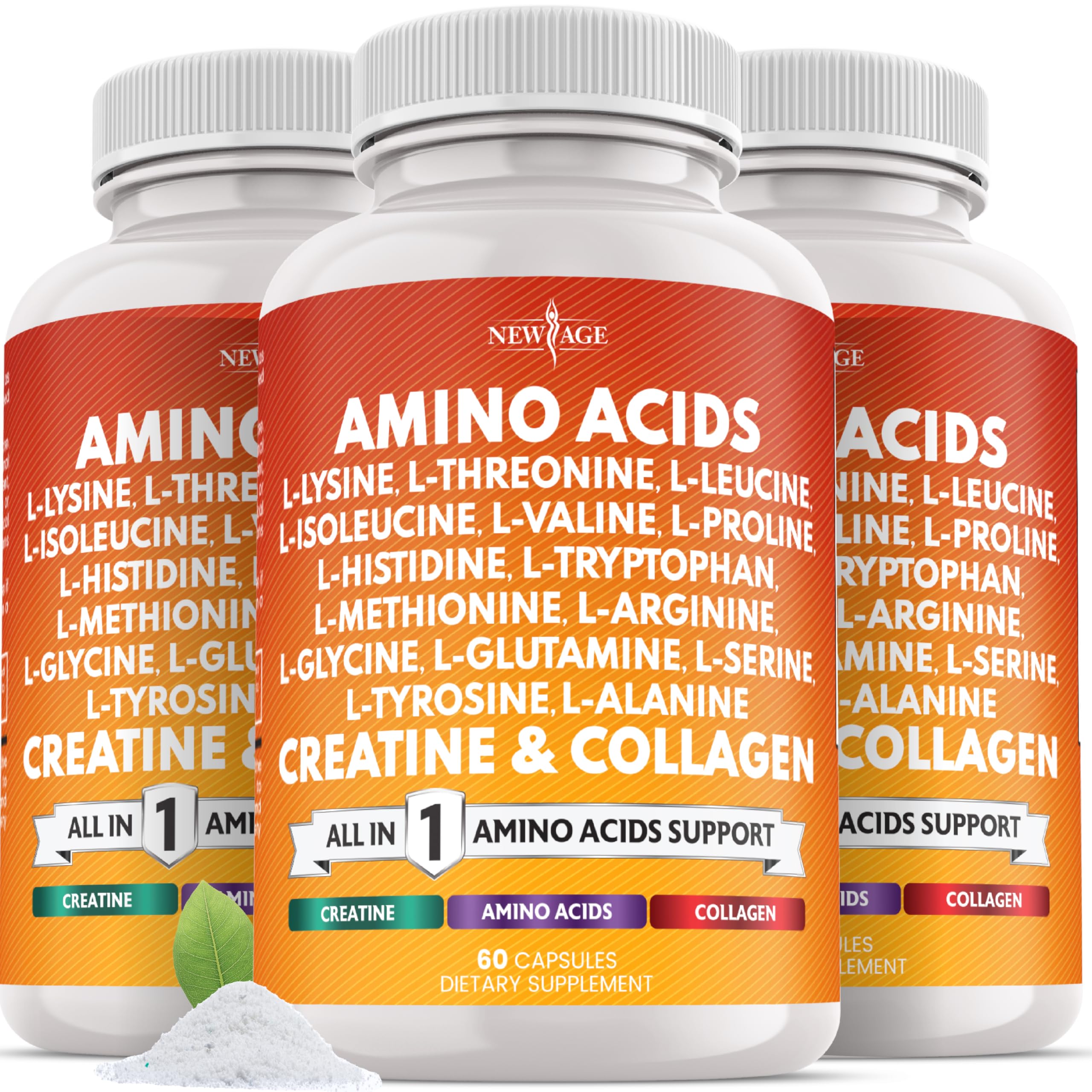 NEW AGE amino acids supplement bottle with label for daily protein support.