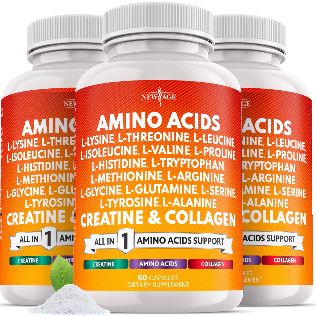NEW AGE amino acids supplement bottle with label for daily protein support.