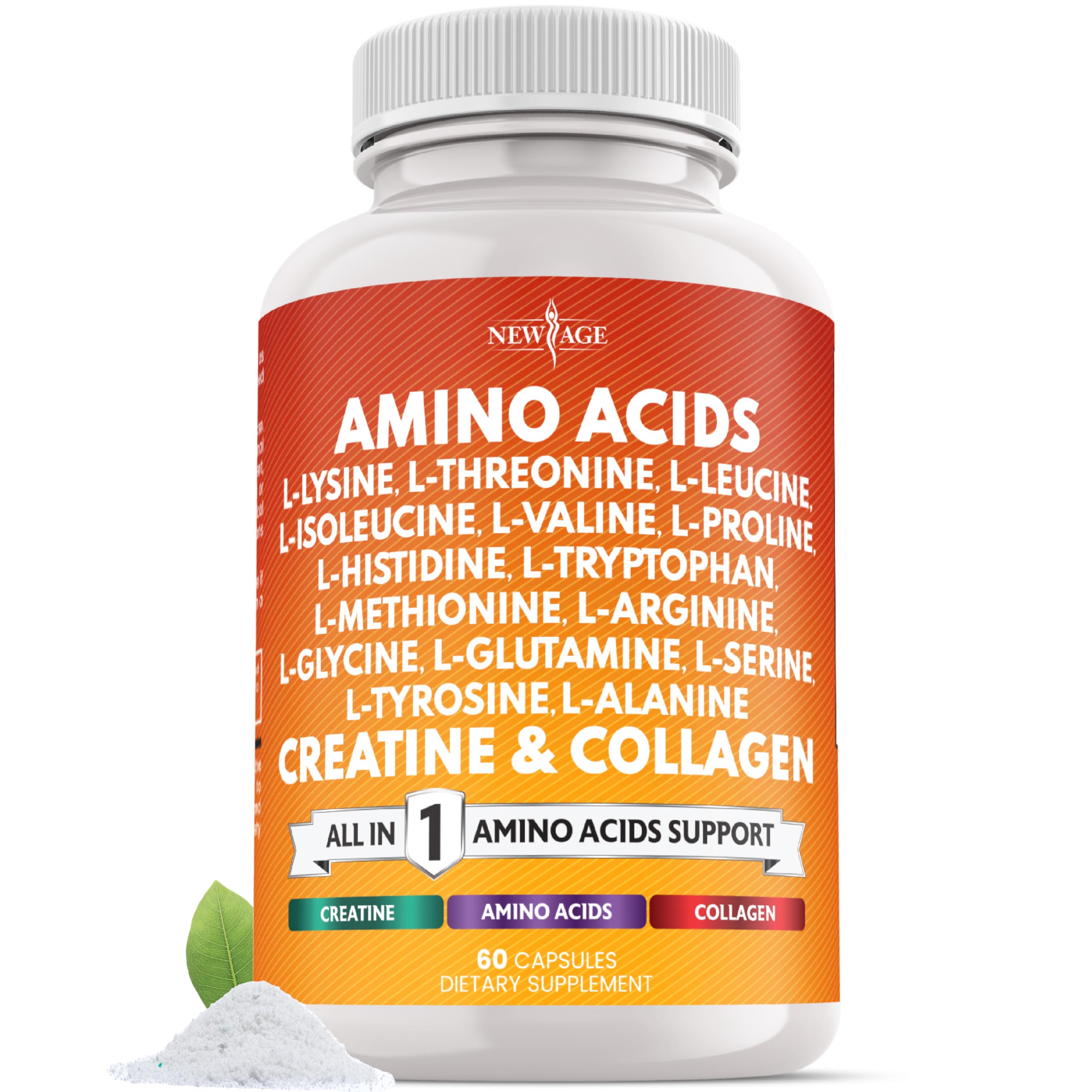 NEW AGE amino acids all-in-one bottle front for convenient daily protein support.