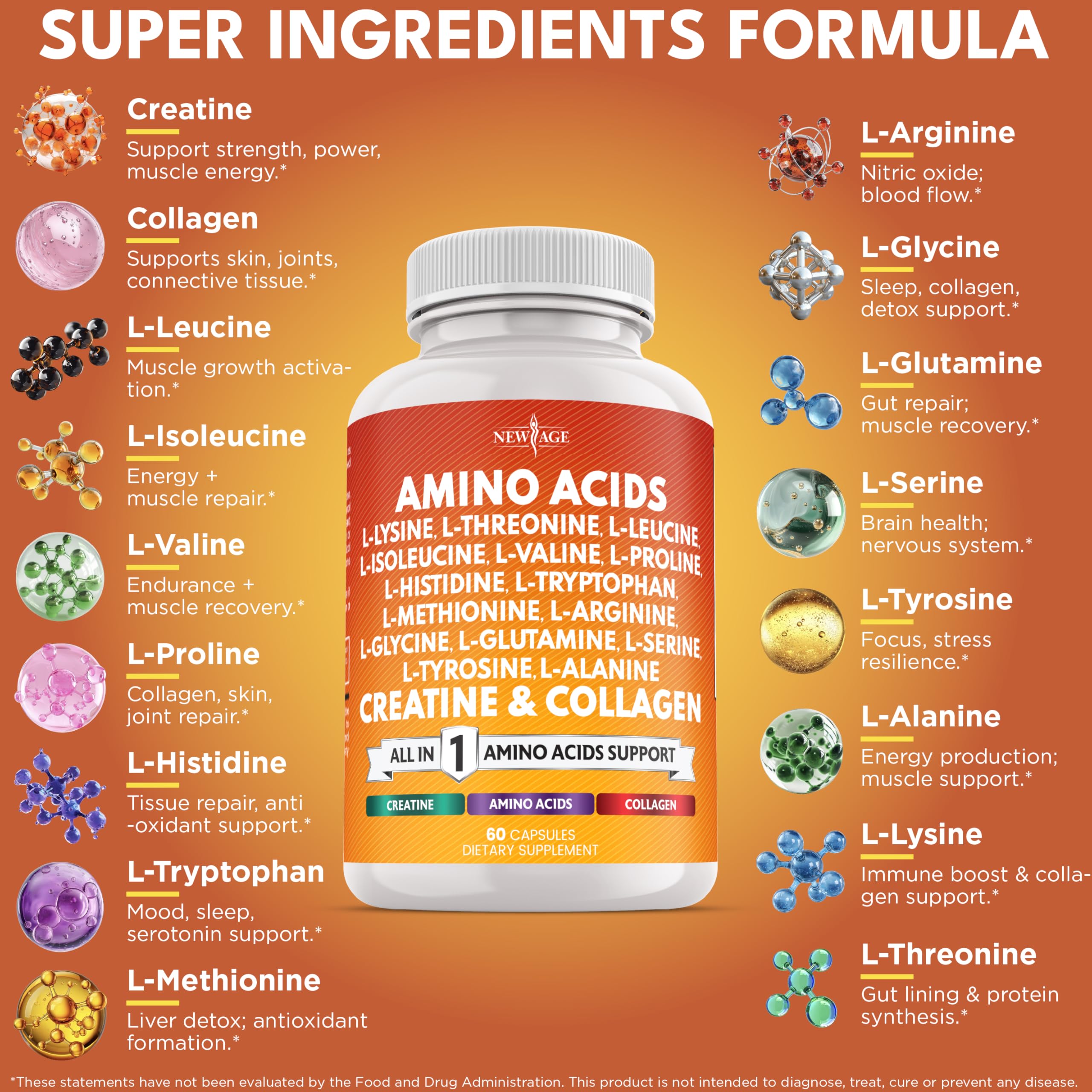 NEW AGE amino acids capsules close-up, easy-to-swallow daily capsules.