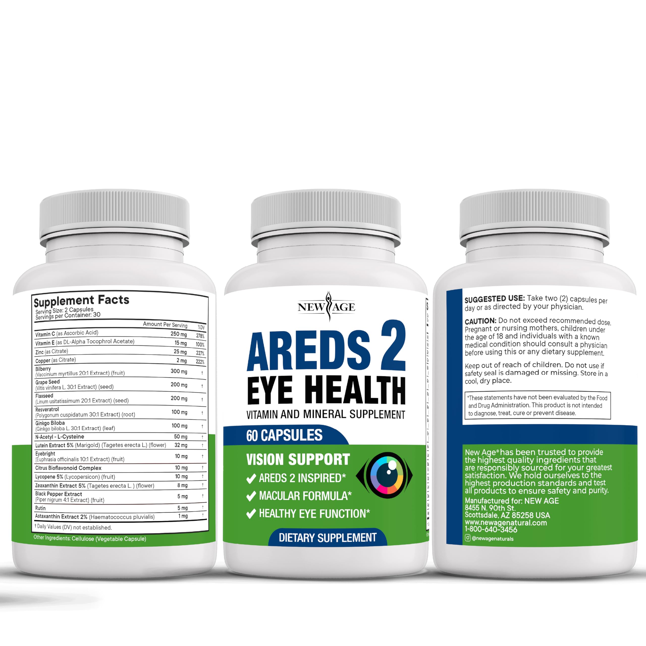 NEW AGE AREDS 2 bottle with label demonstrates trusted eye vitamin for ongoing use