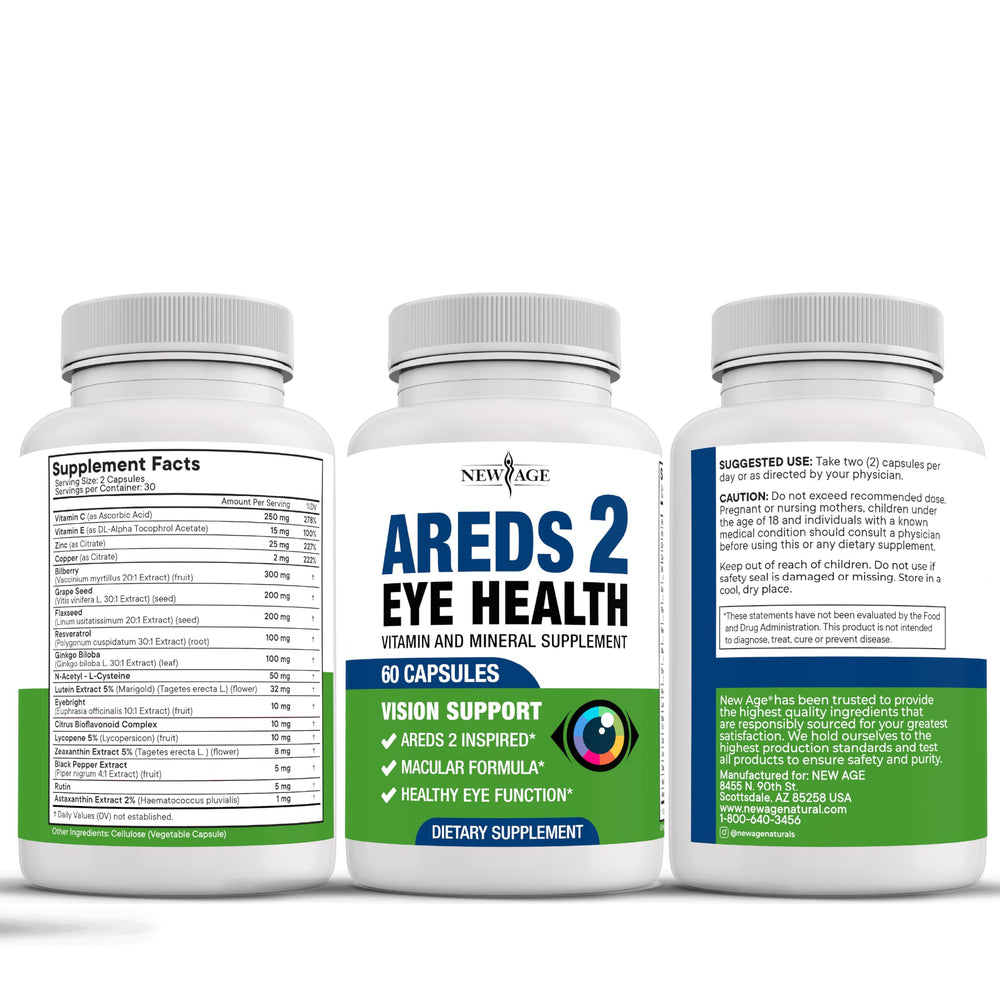 NEW AGE AREDS 2 bottle with label demonstrates trusted eye vitamin for ongoing use