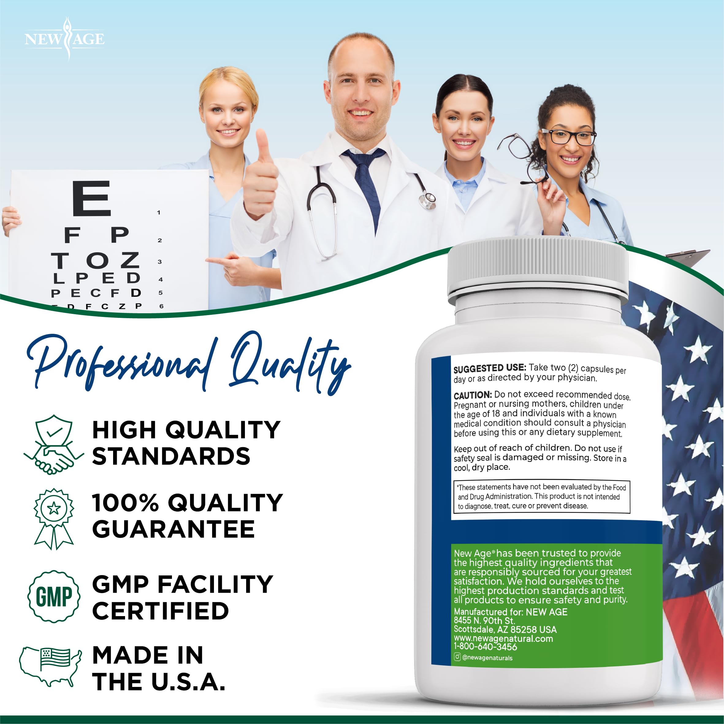 Front view of the NEW AGE AREDS2 bottle highlights USA-made quality