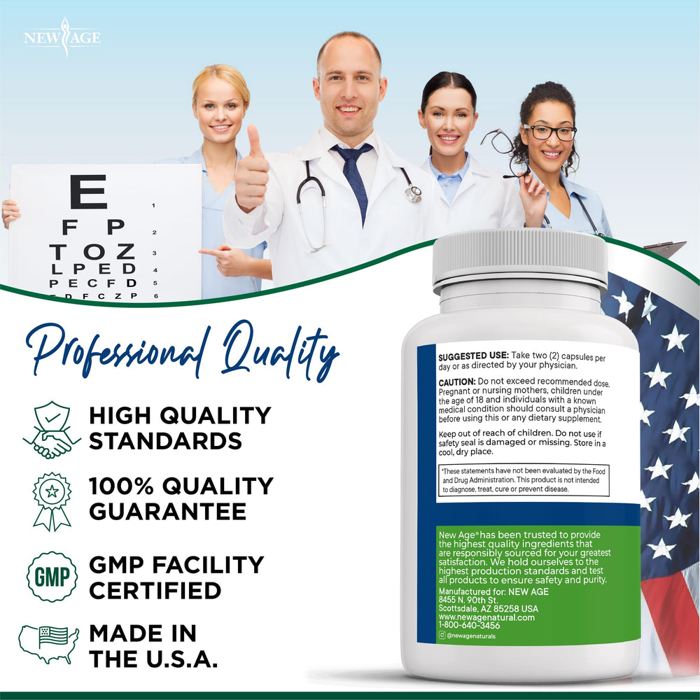 Front view of the NEW AGE AREDS2 bottle highlights USA-made quality
