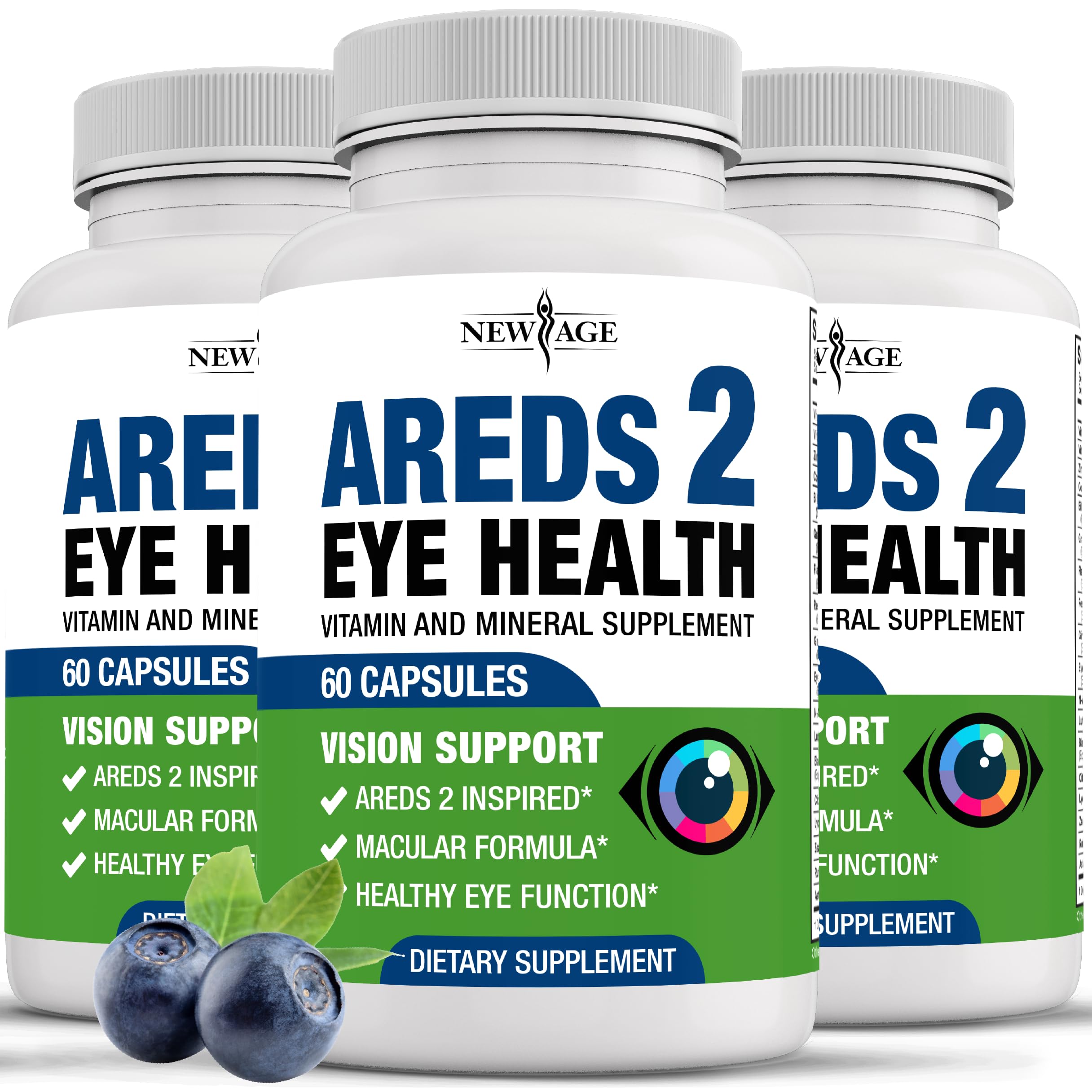 NEW AGE AREDS2 eye vitamins bottle label with ingredients for daily eye wellness