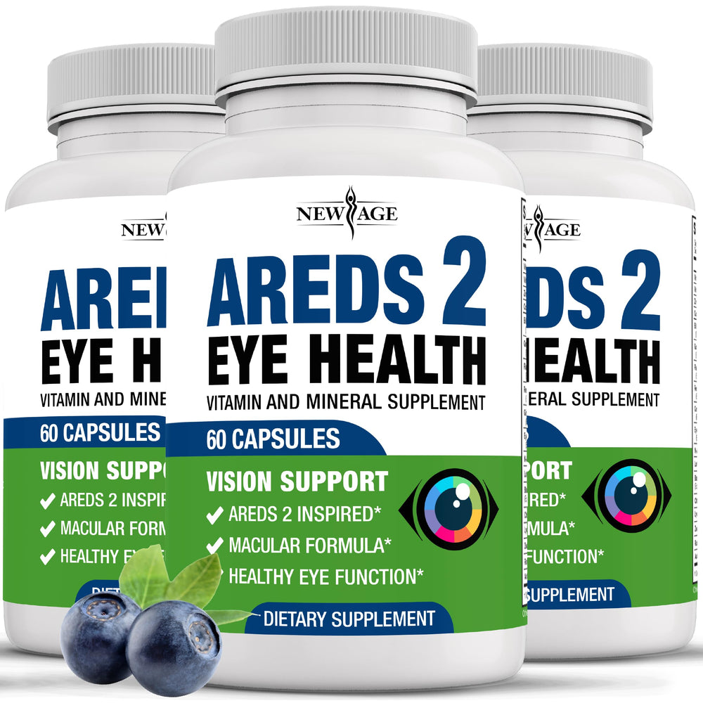 NEW AGE AREDS2 eye vitamins bottle label with ingredients for daily eye wellness