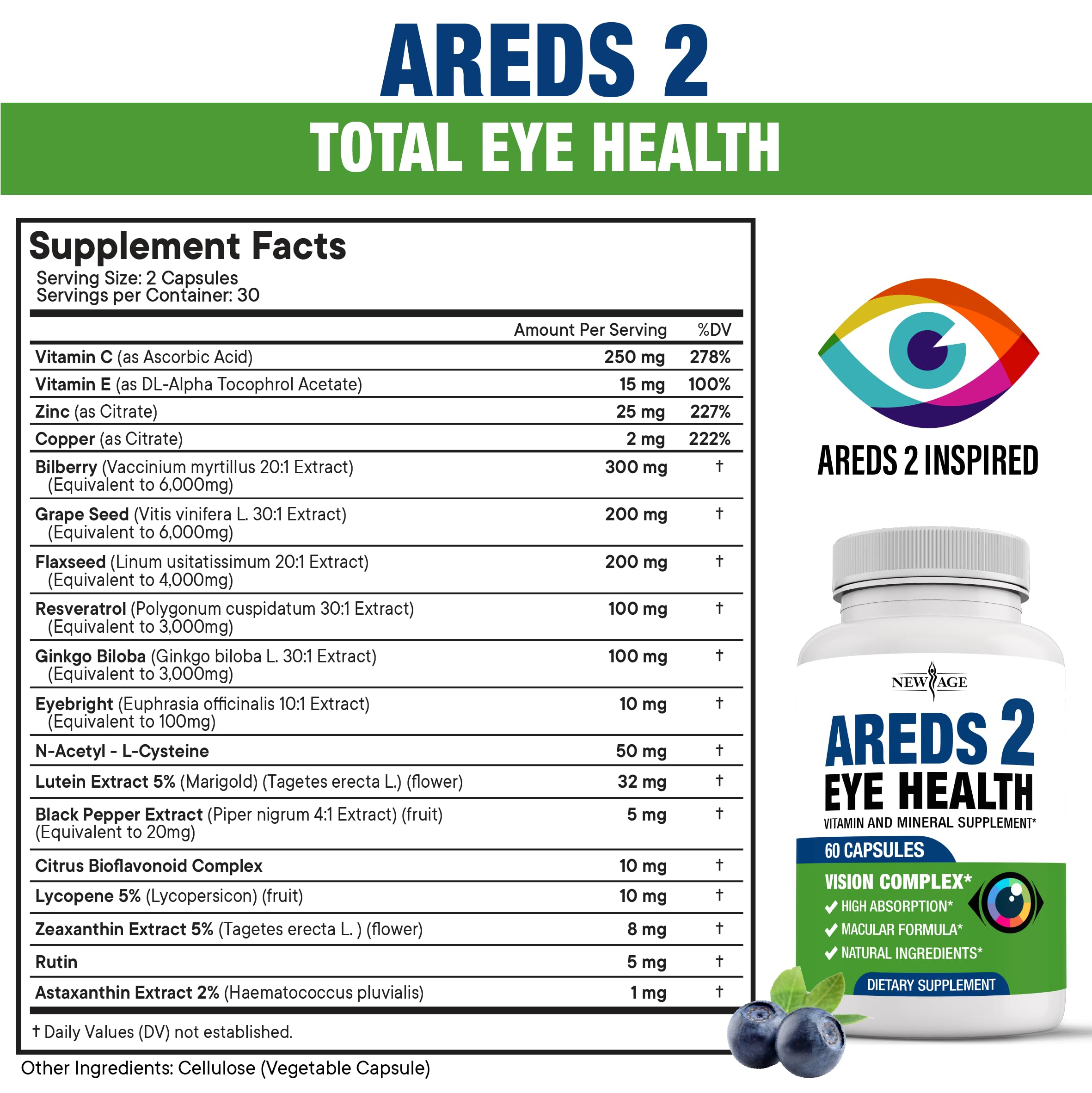 Ingredients chart highlights lutein, zeaxanthin, bilberry, and astaxanthin for eye health