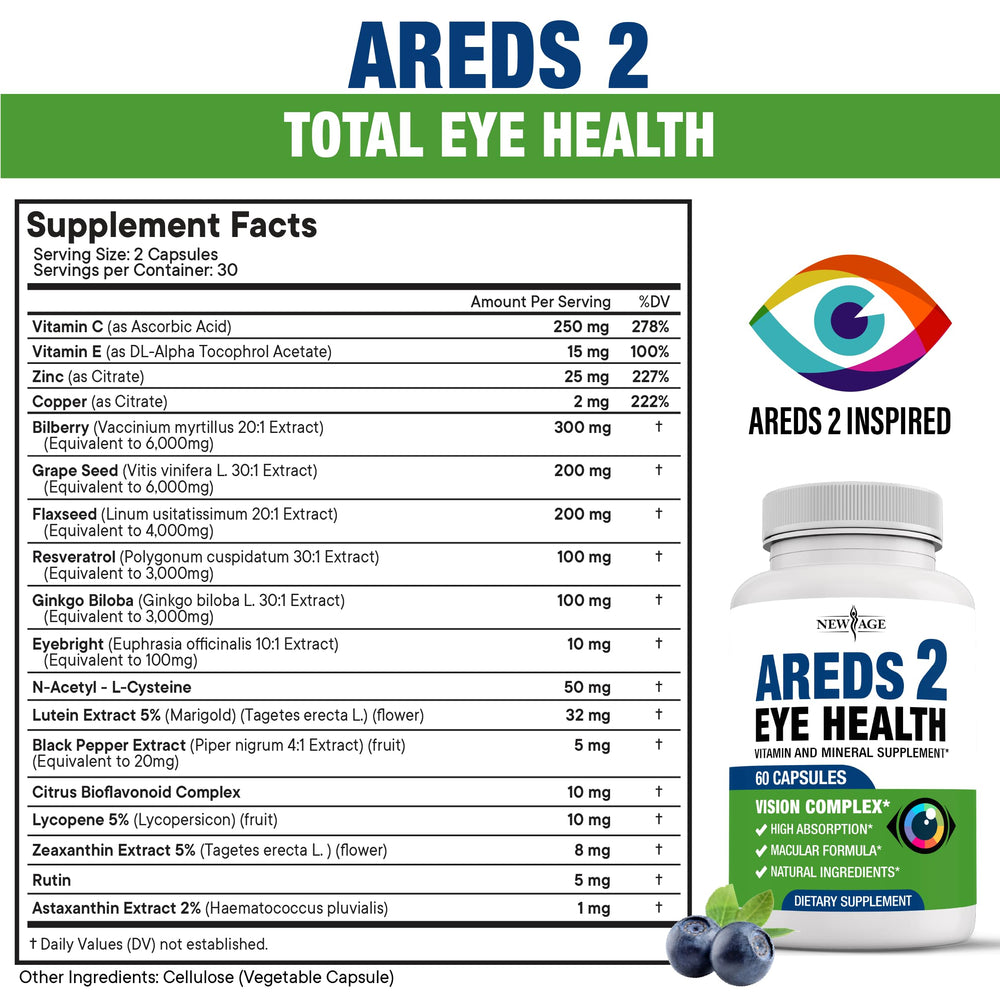 Ingredients chart highlights lutein, zeaxanthin, bilberry, and astaxanthin for eye health