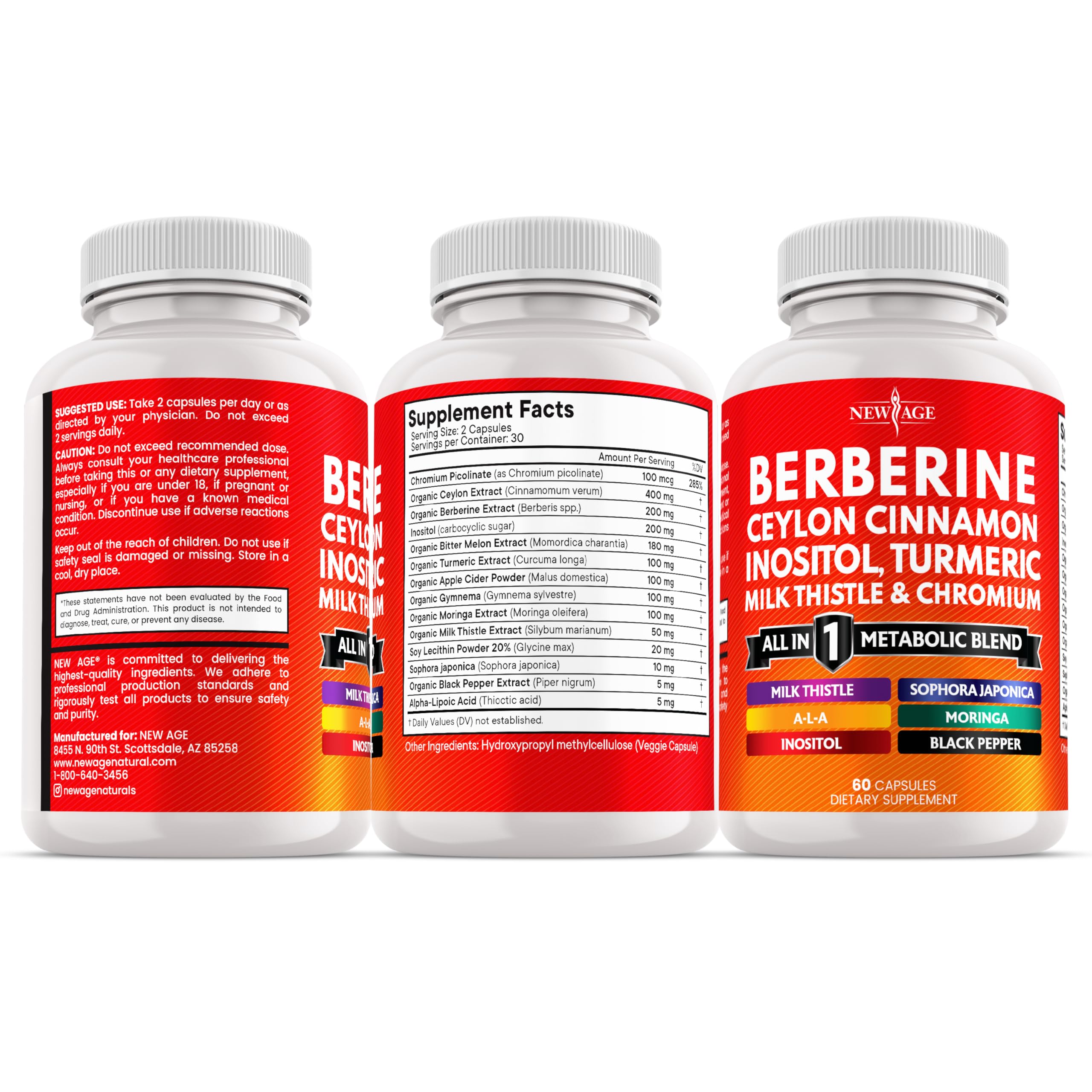 New Age Berberine Cinnamon supplement on shelf for daily dosing.