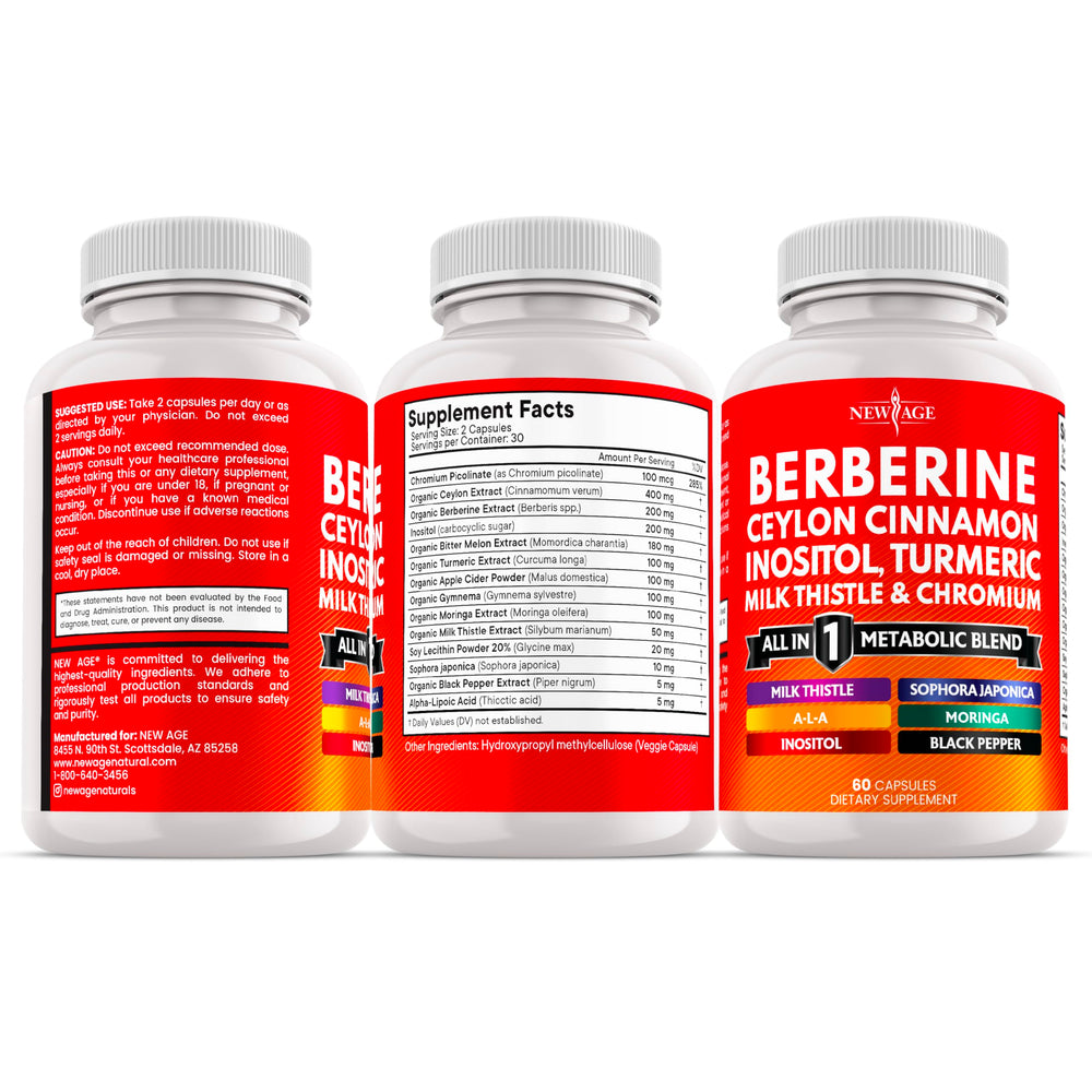 New Age Berberine Cinnamon supplement on shelf for daily dosing.