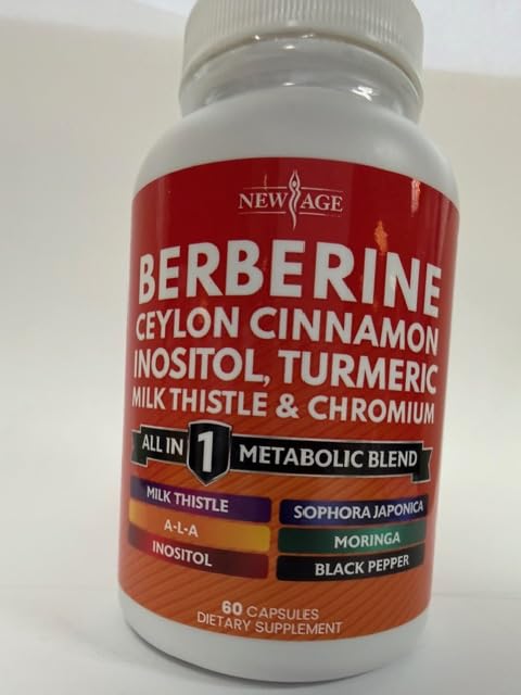 New Age Berberine Cinnamon tablets close-up showing an all-in-one formula.