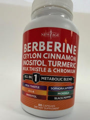 New Age Berberine Cinnamon tablets close-up showing an all-in-one formula.