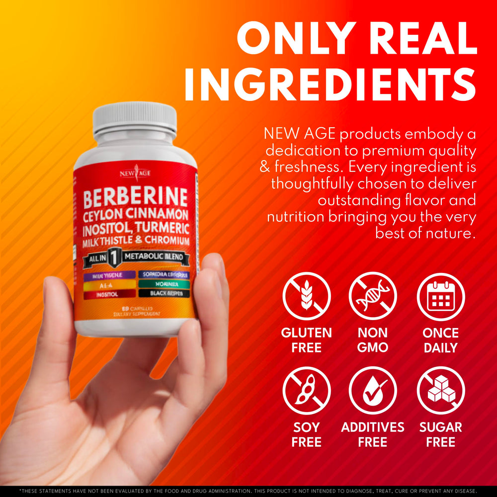 New Age Berberine blend with Glucomannan and Turmeric packaging hints metabolic balance.
