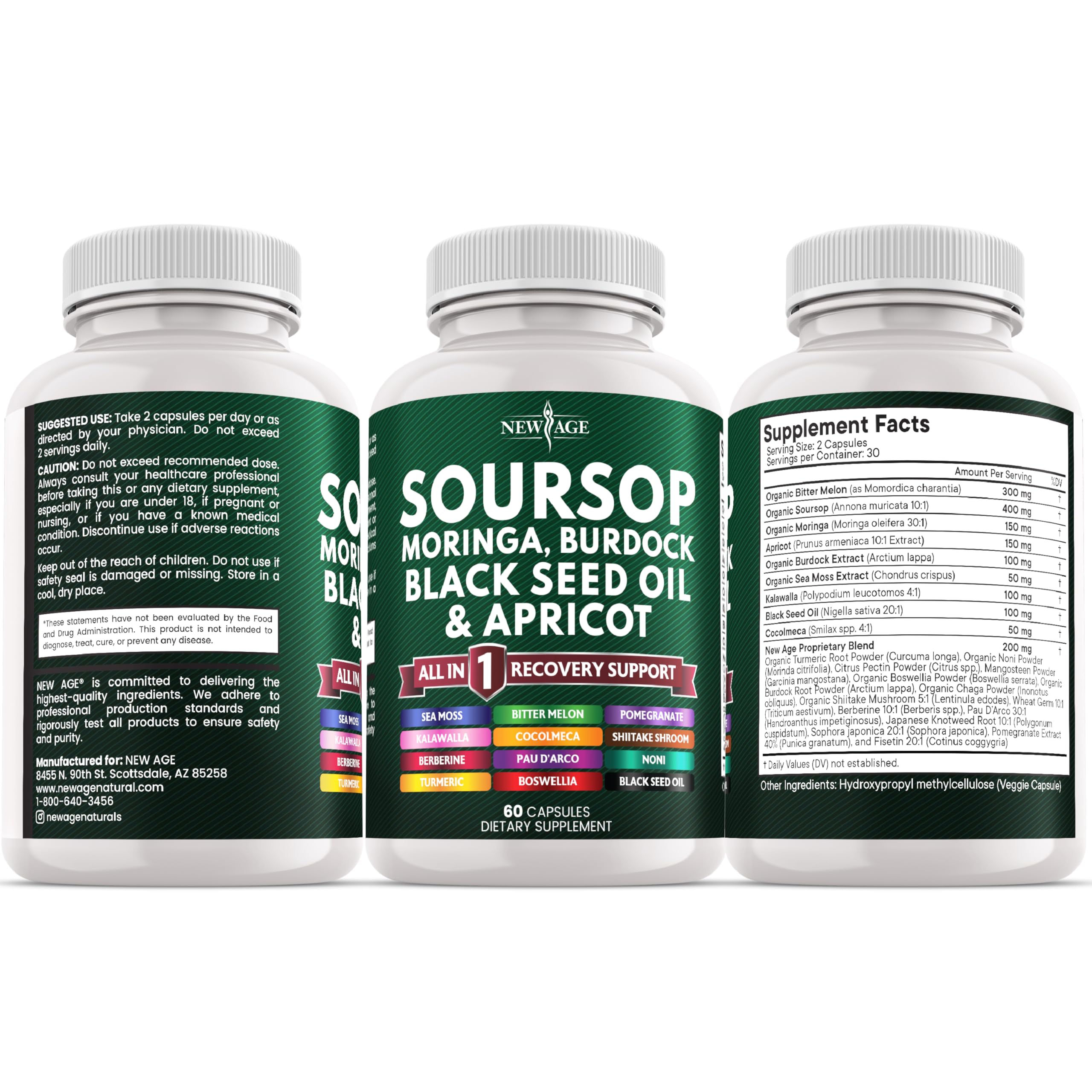 NEW AGE Bitter Melon and Burdock Root capsules close-up in bottle.