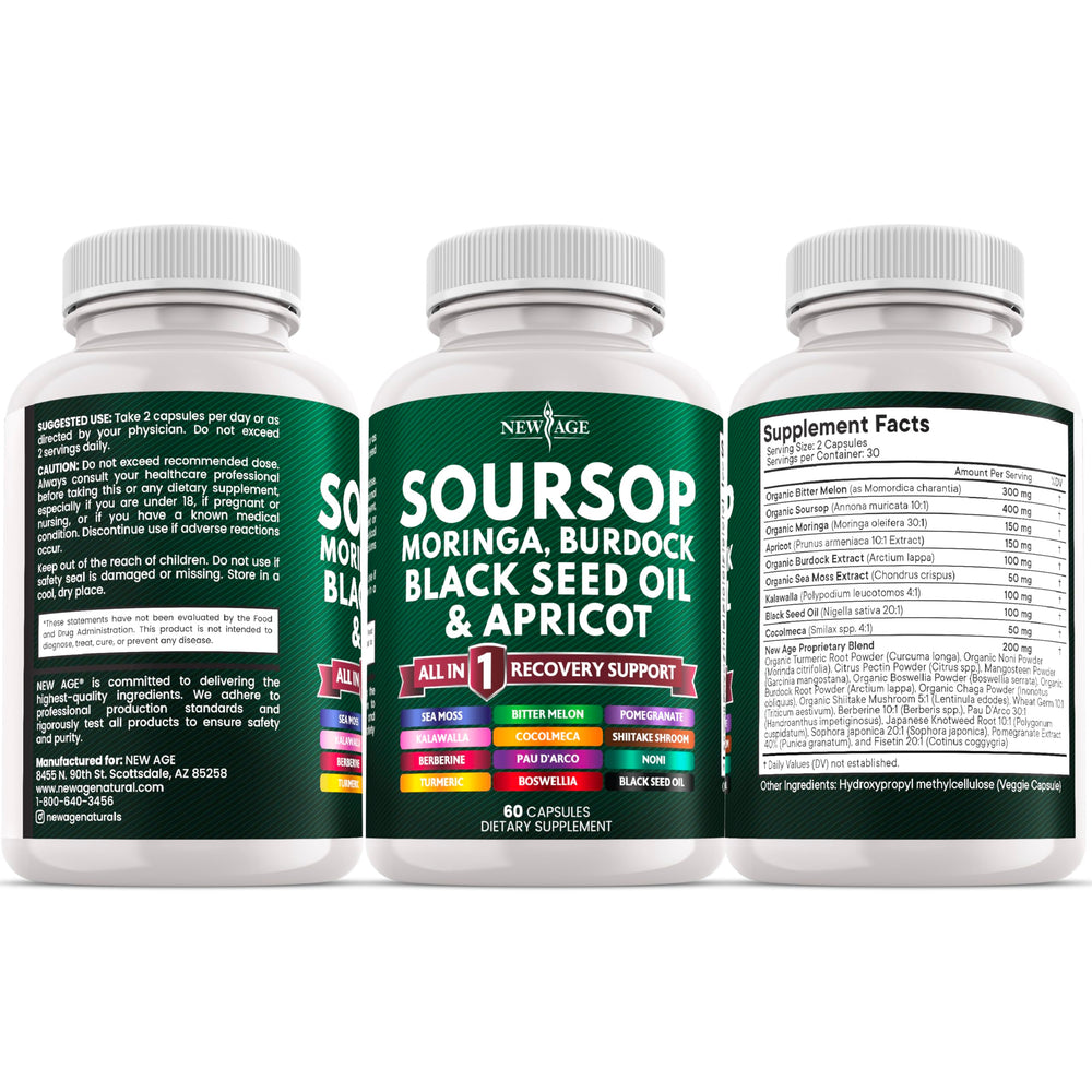 NEW AGE Bitter Melon and Burdock Root capsules close-up in bottle.