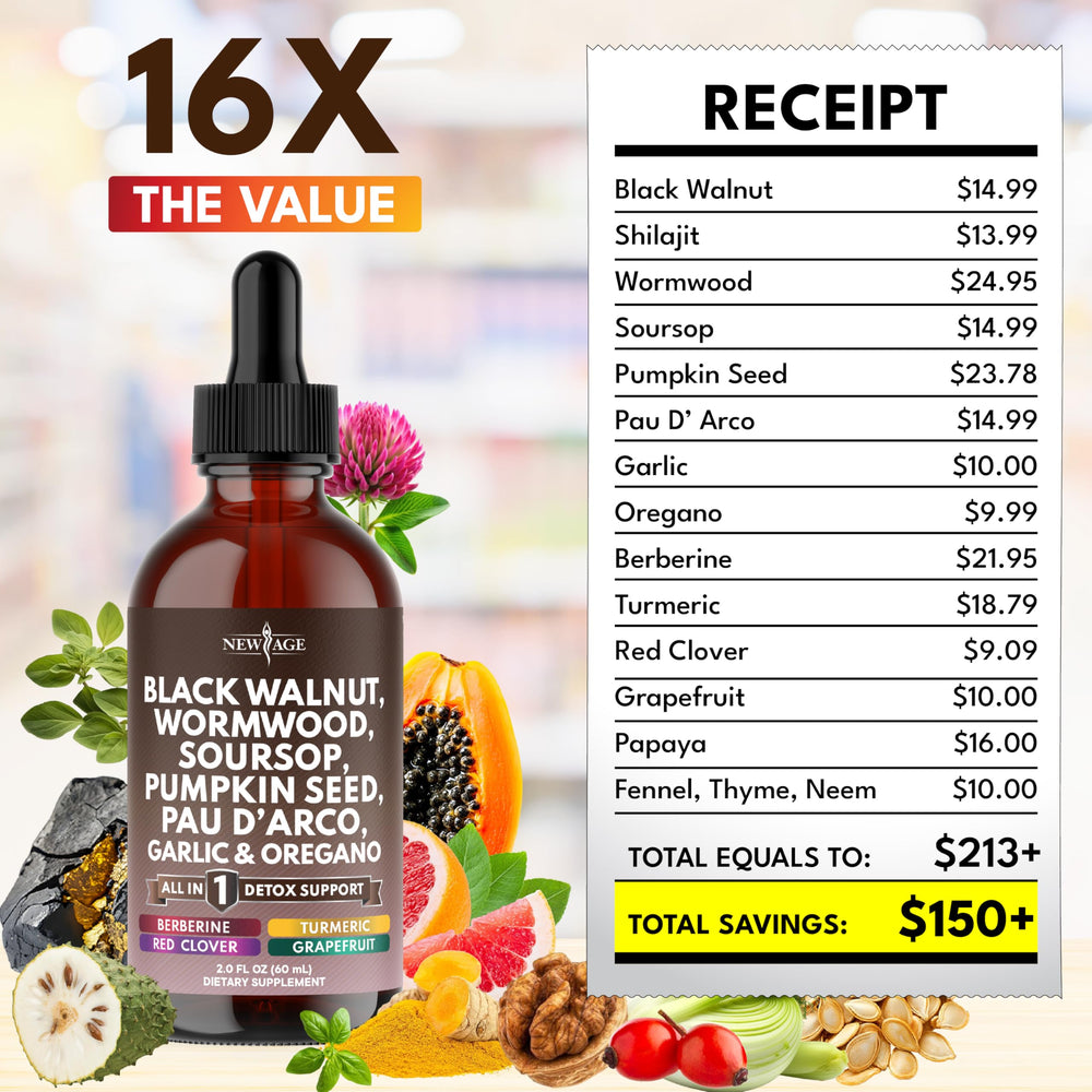 New Age Black Walnut Wormwood Cleanse Drops bottle on wood evokes natural, plant-based wellness