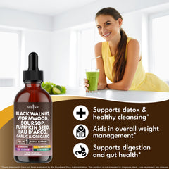New Age Black Walnut Wormwood Cleanse Drops liquid pour demonstrates easy dosing for convenient daily use