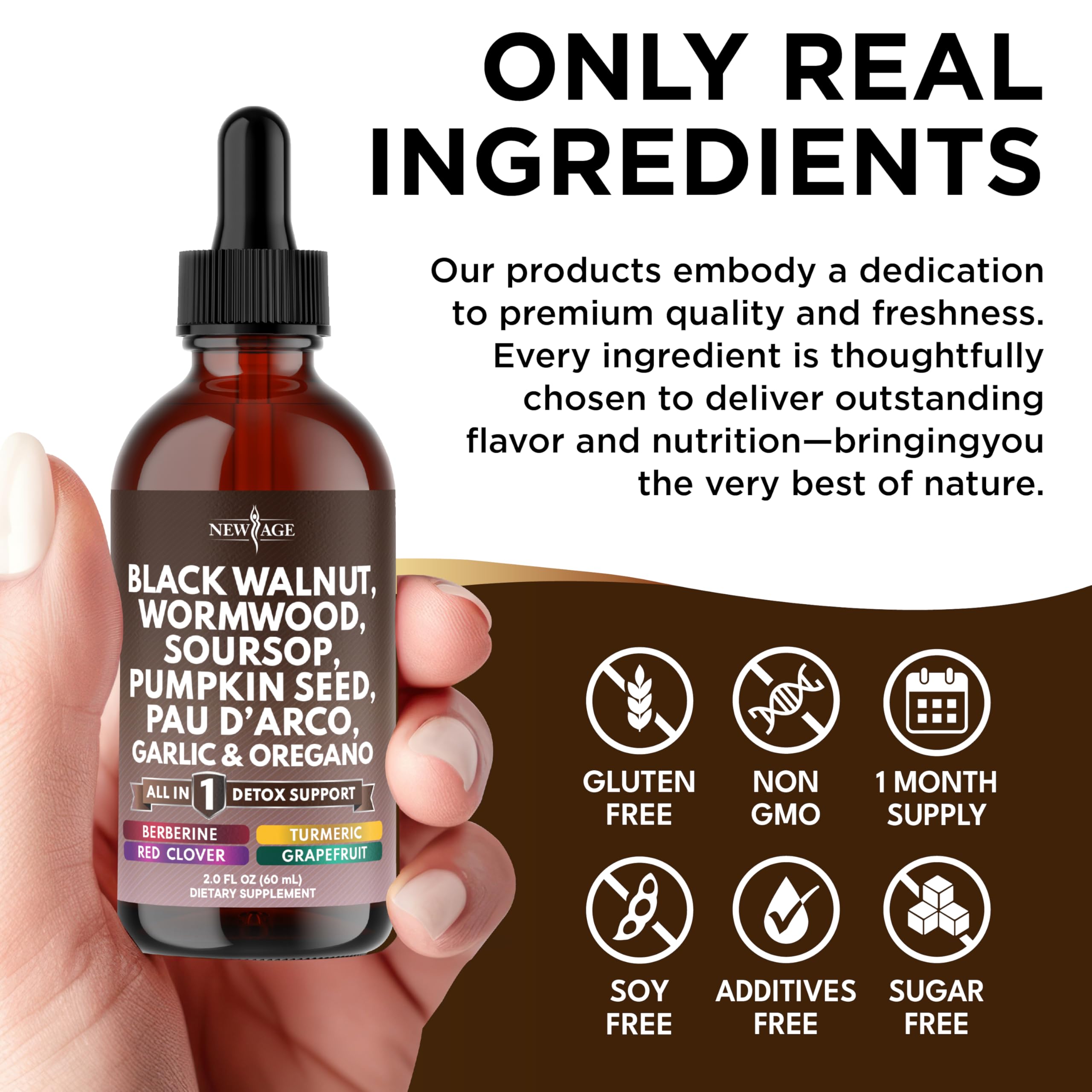 New Age Black Walnut Wormwood Cleanse Drops measured-drops depiction suggests controlled, simple usage