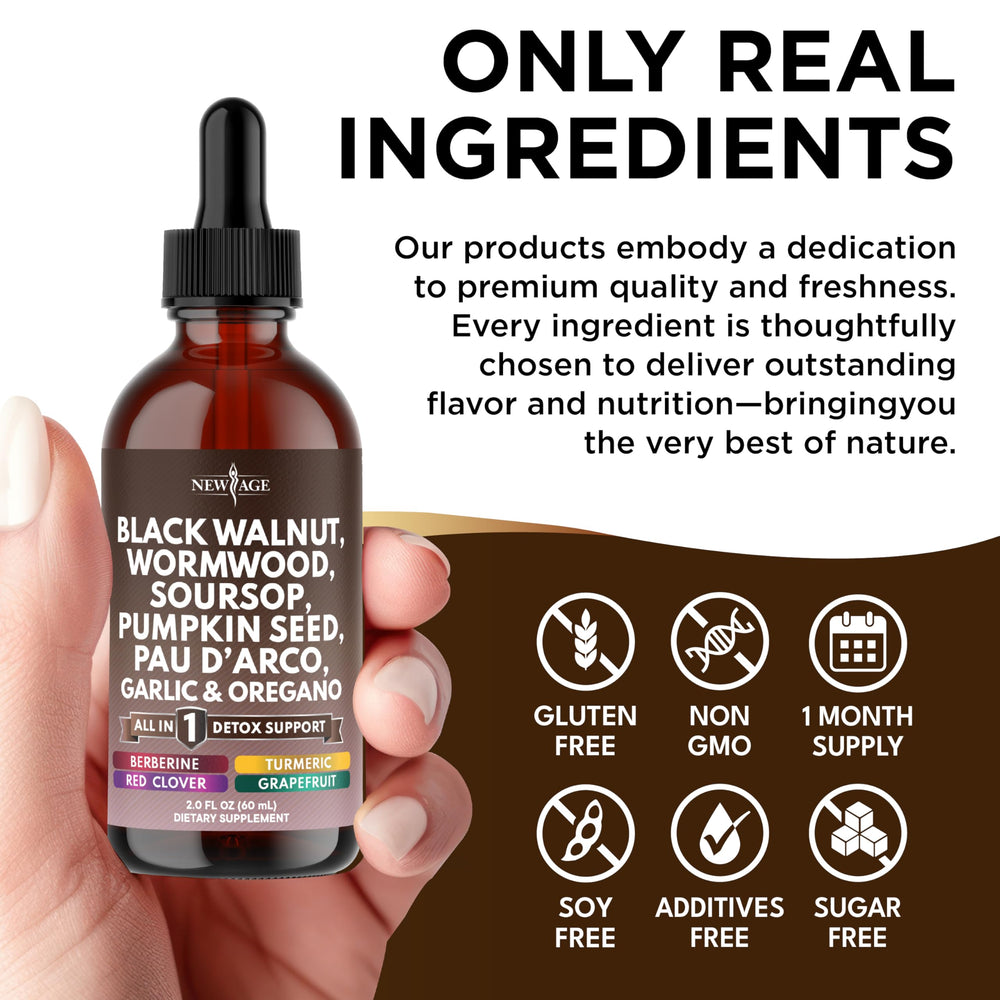 New Age Black Walnut Wormwood Cleanse Drops measured-drops depiction suggests controlled, simple usage