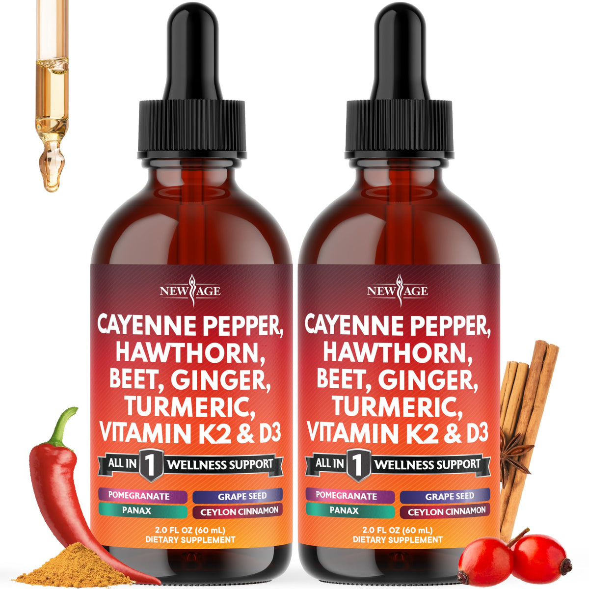 NEW AGE Cayenne Drops bottle pour highlights a spicy blend for daily vitality.