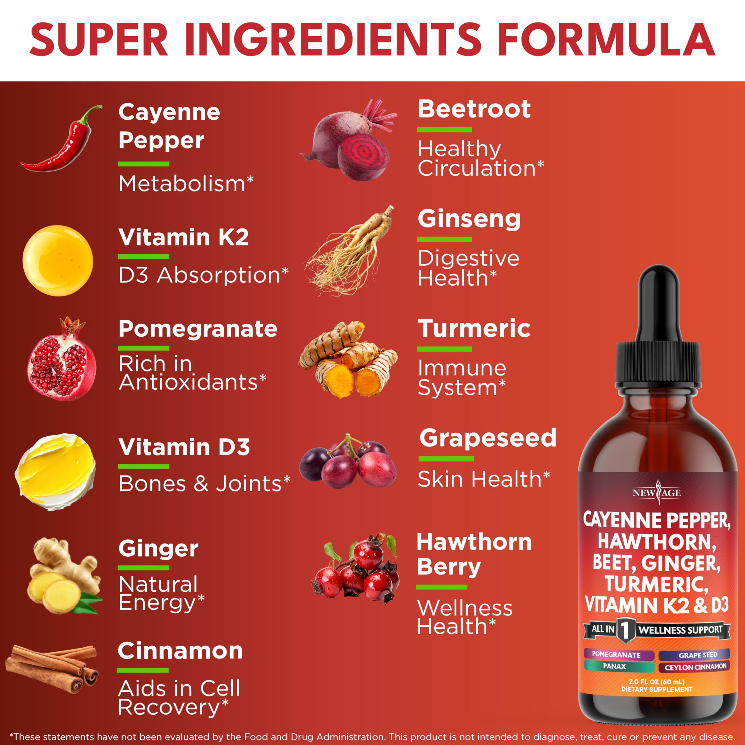 NEW AGE Cayenne Drops ingredients label shows rich botanicals for holistic support.