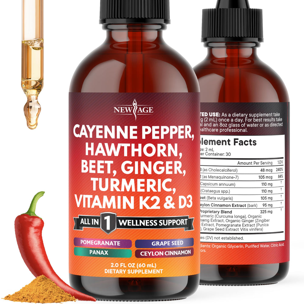 NEW AGE Cayenne liquid drops bottle for daily wellness routine.