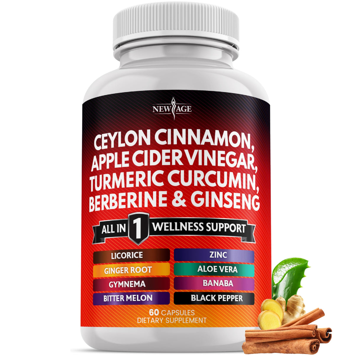 NEW AGE ceylon cinnamon turmeric apple cider vinegar ginger bottle pour enhances daily wellness.